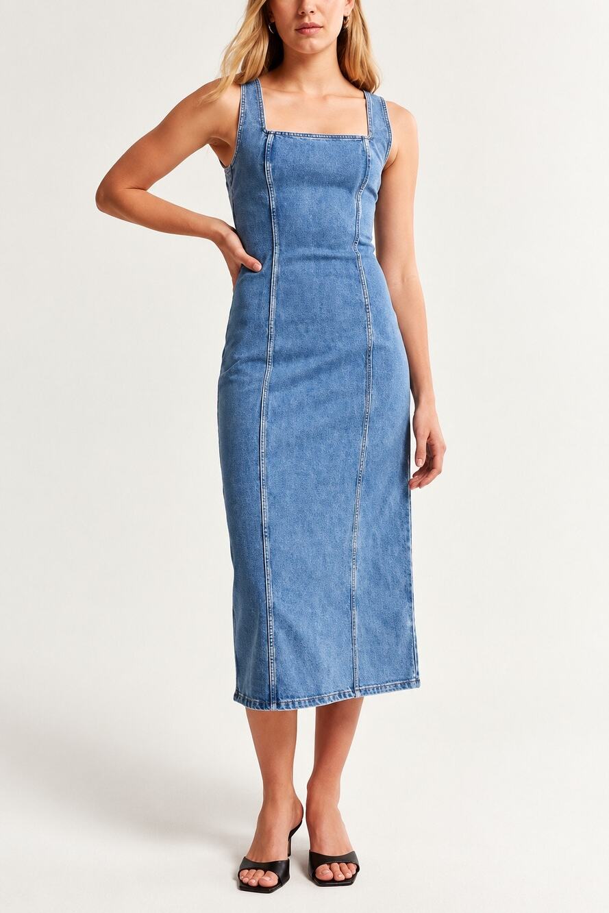 Abercrombie & Fitch Square Neck Denim Column Midi Dress Light Wash Blue Small
